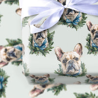Dog Wreath Gift Wrap, French Bulldog Christmas Wrapping Paper, Frenchie Holiday Wrapping Paper, Adorable Winter Dog Lover Gift Wrapping Paper