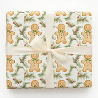 Watercolor Holly Pine Gift Wrap, Gingerbread Man Christmas Wrapping Paper, Festive Holiday Wrapping Paper, Cookie Seasonal Present Packaging