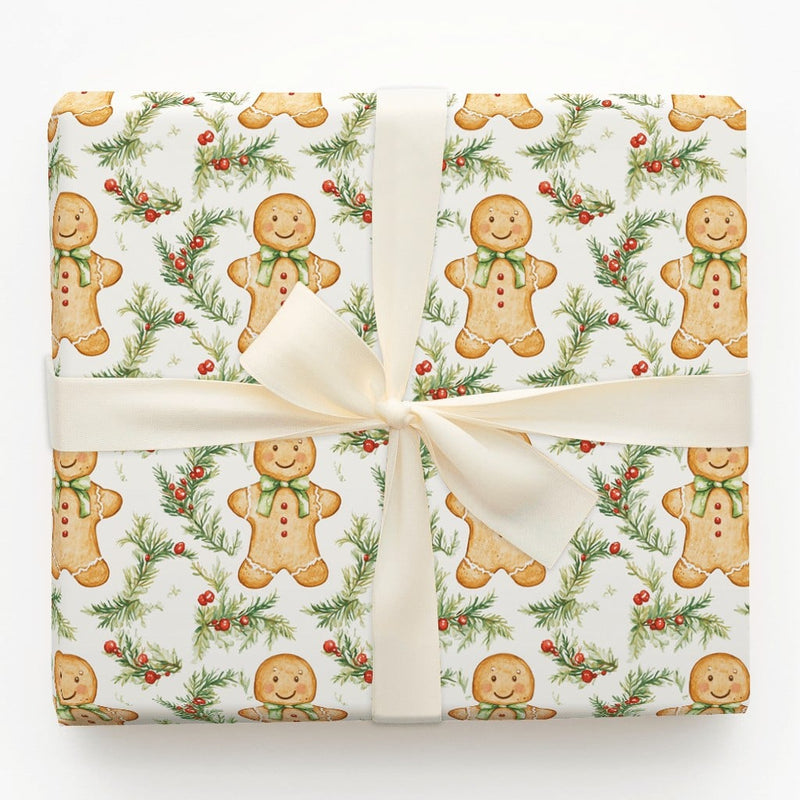 Watercolor Holly Pine Gift Wrap, Gingerbread Man Christmas Wrapping Paper, Festive Holiday Wrapping Paper, Cookie Seasonal Present Packaging