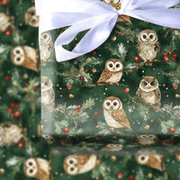 Woodland Nature Bird Gift Wrap, Watercolor Owl Christmas Wrapping Paper, Pine and Berry Holiday Paper, Forest Animal Present Wrapping Paper
