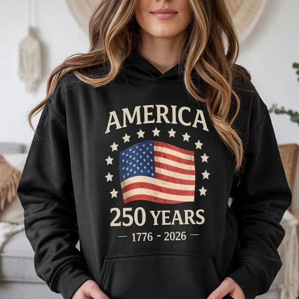 America 250 Years Patriotic Hoodie | Vintage 1776-2026 Freedom Flag Design | Soft Cotton-Blend Comfort | Gift for History Buffs