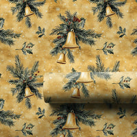 Pine Bough Holiday Gift Wrap Roll, Vintage Golden Bells Christmas Wrapping Paper, Traditional Xmas Paper, Antique Present Wrap