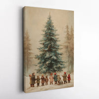 Children Snow Scene Canvas Print, Vintage Christmas Tree Canvas Wall Art, Retro Holiday Tree Canvas, Winter Wall Decor, Christmas Home Present