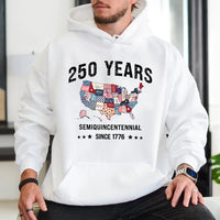 250 Years Semiquincentennial Hoodie | Vintage USA State Patchwork Map Design | Soft Cotton-Polyester Blend | Patriotic Gift for History Lovers