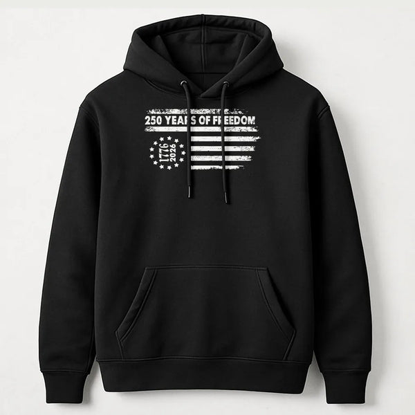 250 Years of Freedom Hoodie | Vintage American Flag 1776-2026 Design | Soft Cotton Blend Sweatshirt | Patriotic 4th of July Gift for Men and Women