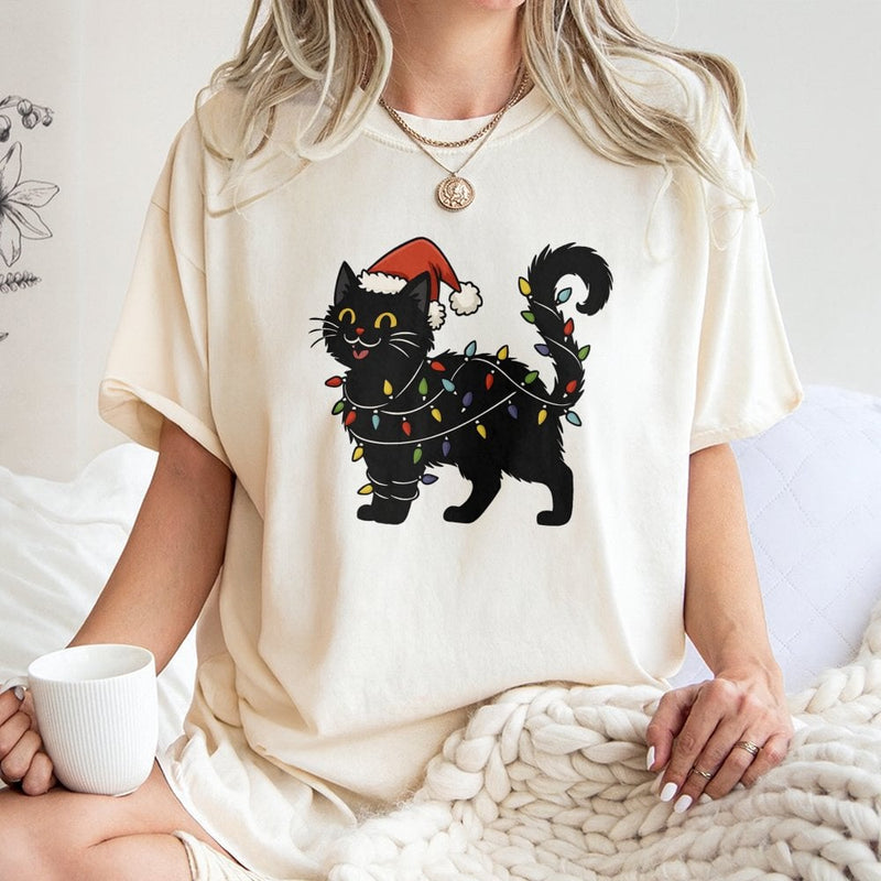Santa Hat Cat Graphic Tee, Black Cat Christmas T-Shirt, Festive Holiday String Lights Shirt, Adorable Kitty Christmas T-Shirt, Cat Lover Present