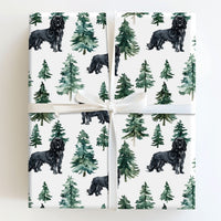 Watercolor Pine Forest Gift Wrap, Black Dog Christmas Wrapping Paper, Holiday Dog Lover Wrapping Paper Roll, Festive Winter Present Wrap