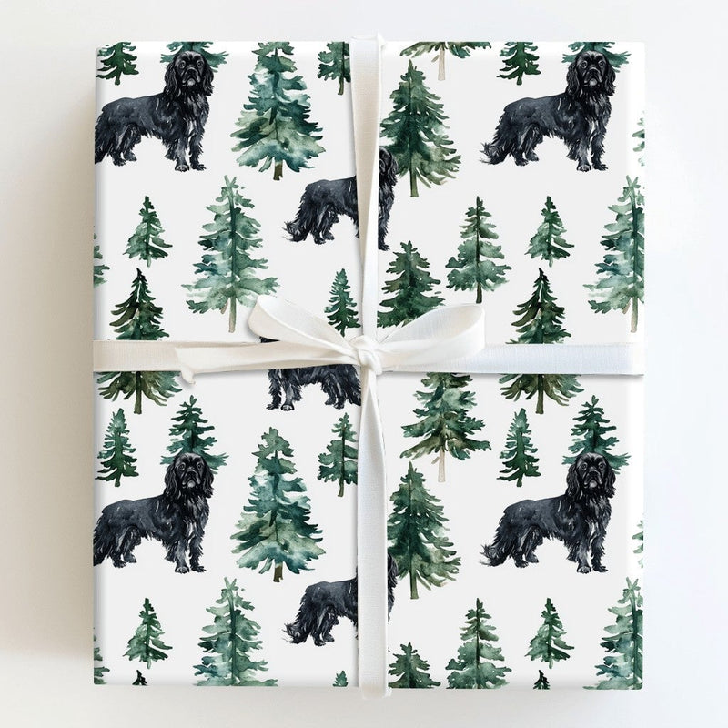 Watercolor Pine Forest Gift Wrap, Black Dog Christmas Wrapping Paper, Holiday Dog Lover Wrapping Paper Roll, Festive Winter Present Wrap