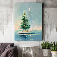 Holiday Tree Coastal Canvas Print, Nautical Christmas Sailboat Canvas Wall Art, Sailing Xmas Poster, Beach Holiday Decor, Digital Download