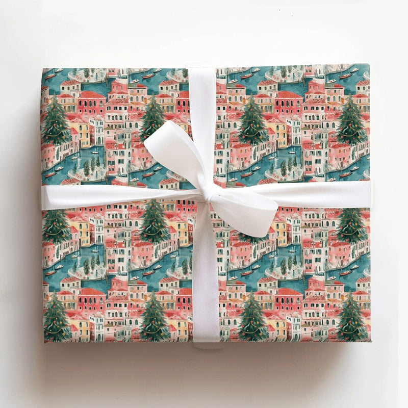 Watercolor Italy Canal Wrapping Paper, Venice Christmas Wrapping Paper, Festive European City Gift Wrap, Holiday Canal Boat Wrapping Paper