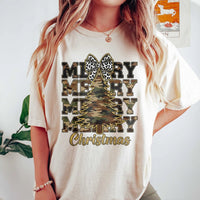 Leopard Coquette Bow Graphic Tee, Merry Christmas Camo Tree T-Shirt, Country Holiday Shirt, Southern Xmas Camo Tree T-Shirt