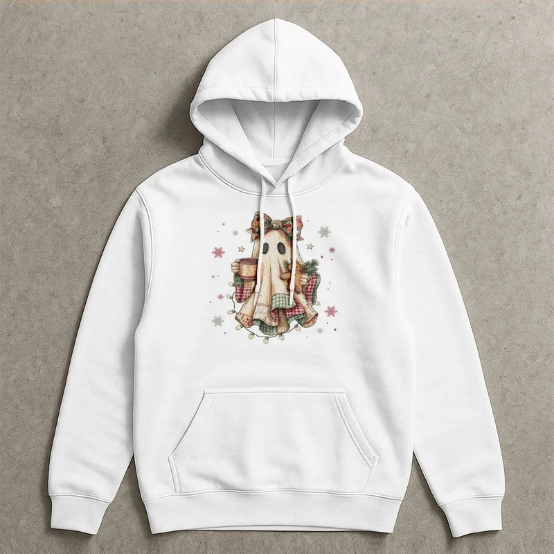 Comfy Watercolor Ghost with Gingerbread Hooded Sweatshirt, Christmas Ghost Hoodie, Vintage Holiday Ghost Pullover, Adorable Xmas Ghost Sweater