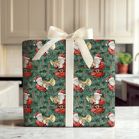Musical Pine Christmas Gift Wrap, Santa Playing Trumpet Wrapping Paper, Dark Green Santa Wrapping Paper, Festive Holiday Gift Wrapping Paper