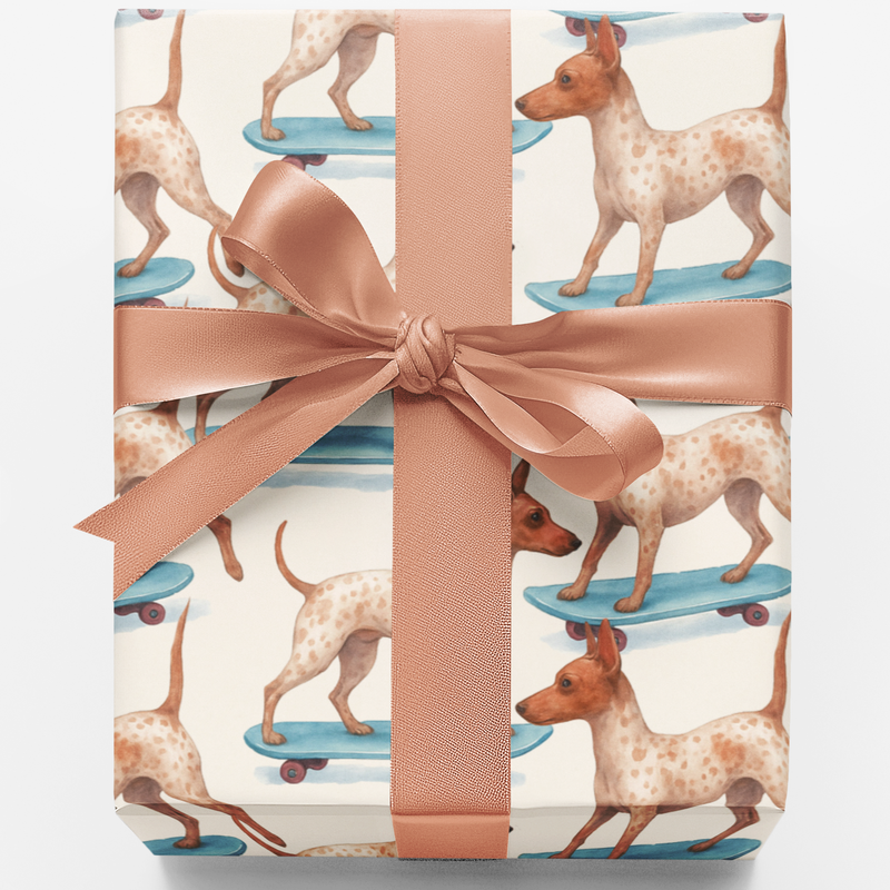 Skater Dog Christmas Gift Wrap, American Hairless Terrier Wrapping Paper, Canine Breed Present Paper, Dog Lover Holiday Wrapping Paper