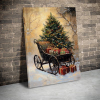 Snowy Tree and Presents Painting, Vintage Christmas Sleigh Canvas Print, Holiday Season Wall Art Poster, Winter Decor, Digital Download