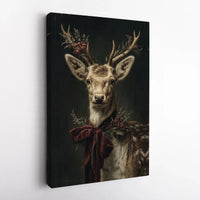 Vintage Reindeer Red Bow Print, Christmas Deer Canvas Wall Art, Festive Holiday Animal Decor, Rustic Winter Cabin Canvas Art Present