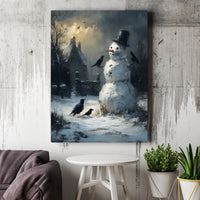Moody Cottage and Crows Wall Art, Dark Winter Snowman Canvas Print, Gothic Christmas Canvas, Winter Landscape Decor, Holiday Canvas Art