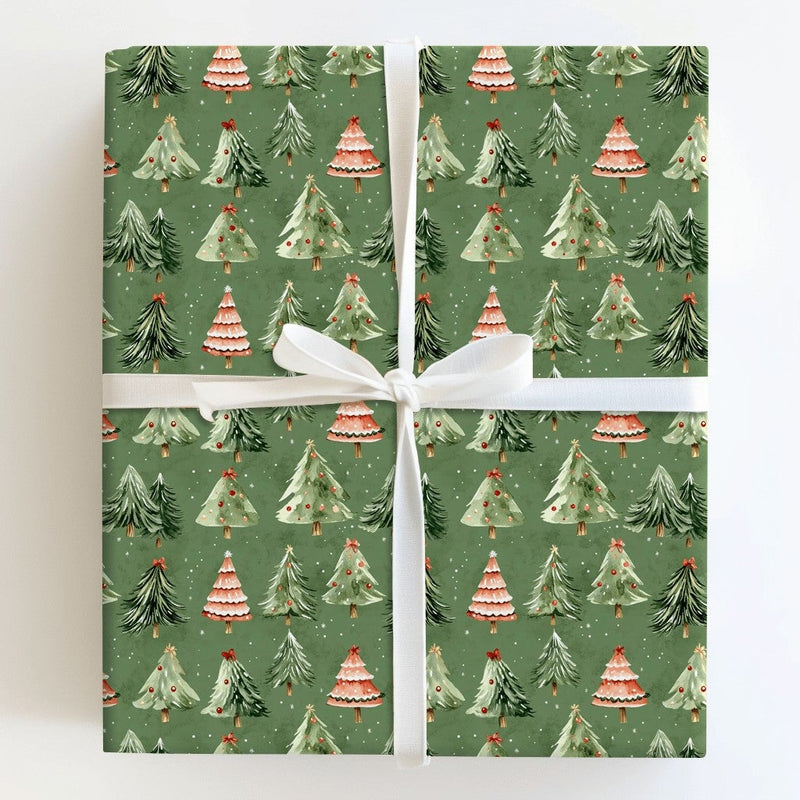 Sage Green Christmas Tree Wrapping Paper, Watercolor Pine Tree Wrapping Paper, Rustic Winter Gift Wrap, Holiday Present Wrapping Paper