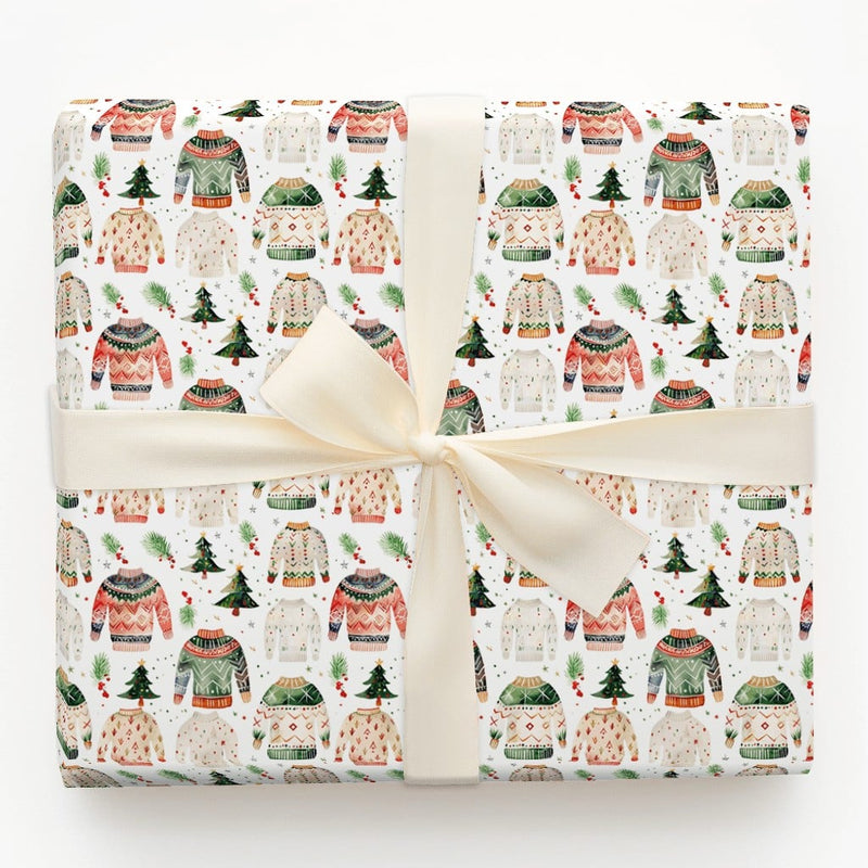Festive Holiday Gift Wrap, Ugly Christmas Sweater Wrapping Paper, Watercolor Xmas Tree Wrapping Paper, Adorable Holiday Present Wrapping Paper