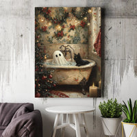 Whimsical Holiday Bathtub Art, Ghost and Black Cat Christmas Canvas, Spooky Adorable Xmas Canvas Print, Festive Bathroom Wall Decor Present