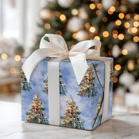 Blue Snowy Holiday Wrapping Paper, Watercolor Christmas Tree Wrapping Paper, Artistic Christmas Wrapping Paper, Seasonal Gift Wrap Roll