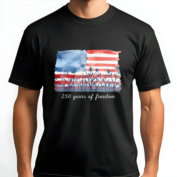 250 Years of Freedom T-Shirt | Watercolor American Flag Wildflower Art | Soft 100% Cotton Unisex Tee | Patriotic Gift for History Lovers