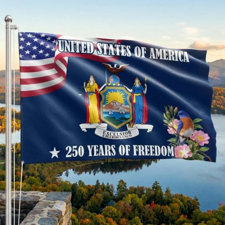 New York State Flag with Eastern Bluebird & Wild Rose | 250 Years of Freedom Commemorative | Double-Sided Polyester Garden Flag | NY Pride Gift