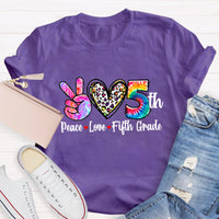 Personalized Grade Peace Love 5th Grade Teacher T-Shirt