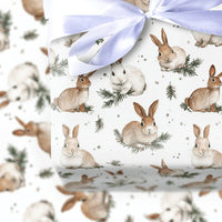 Adorable Winter Bunny Gift Wrap, Watercolor Rabbit Wrapping Paper, Pine Sprig Holiday Wrapping Paper, Nature Lover Christmas Present Wrap Roll