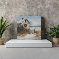 Snowy Seaside Shack Painting Print, Coastal Christmas Beach Cottage Canvas Art, Nautical Holiday Wall Decor, Winter Digital Download