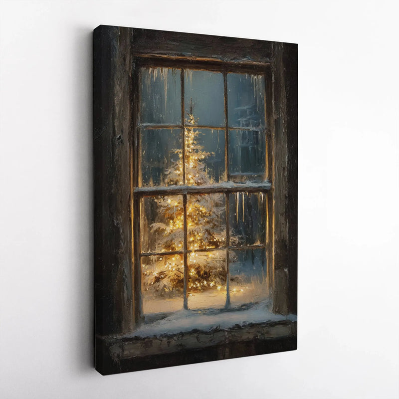 Snowy Rustic Window with Icicles Canvas Print, Christmas Tree Wall Art, Comfy Winter Cabin Holiday Decor, Festive Christmas Present