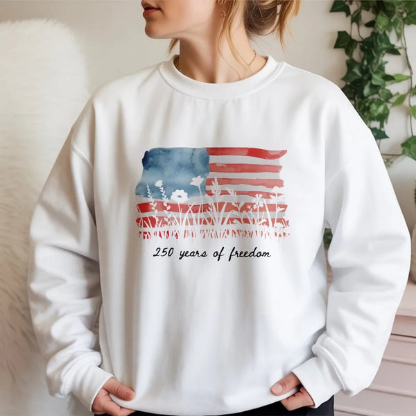 Patriotic Wildflower Sweatshirt | America 250 Years of Fredom Watercolor Flag Floral Art | Soft Cotton Blend Pullover | Gift for Patriotic Women