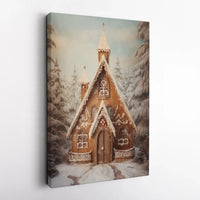 Winter Forest Holiday Painting, Gingerbread Church Christmas Canvas Wall Art, Festive Christmas Village Decor Digital Download