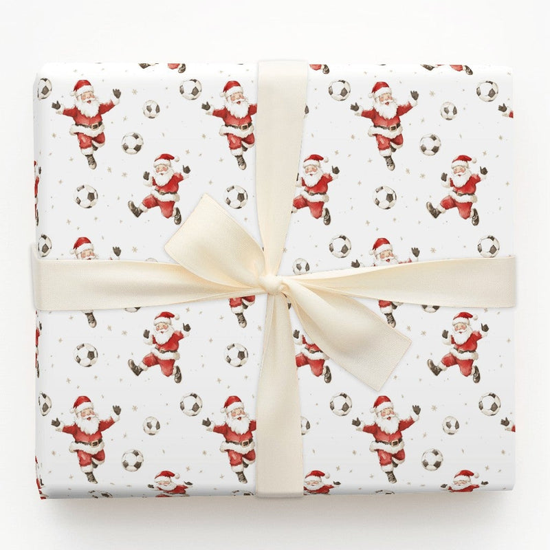Sports Fan Christmas Gift Wrap, Watercolor Soccer Santa Wrapping Paper, Soccer Player Holiday Paper, Gold Stars Festive Present Wrap Roll