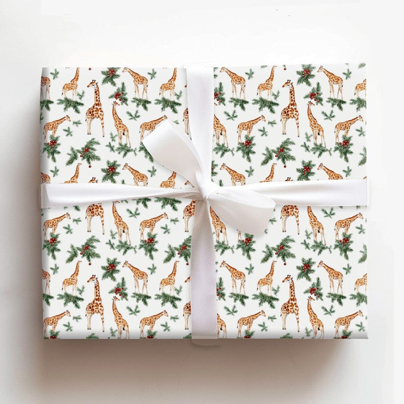 Watercolor Safari Gift Wrap, Christmas Giraffe Wrapping Paper, Holly Berries Wrapping Paper Roll, Holiday Animal Gift Wrap