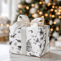 Black and White Winter Dino Gift Wrap, Dinosaur Christmas Wrapping Paper, Snowy Pine Tree Wrapping Paper, Kids Holiday Gift Wrap Roll