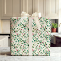 Botanical Winter Leaves Gift Wrap Paper, Watercolor Holly Berry Christmas Wrapping Paper, Traditional Holiday Present Wrap Paper