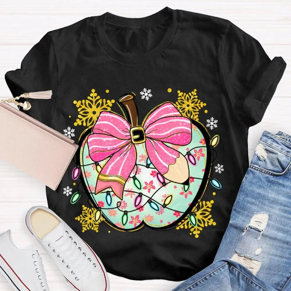 Festive Teacher Holiday Shirt, Christmas Lights Snowflakes Bow Apple T-Shirt, Adorable Coquette Winter Graphic Tee, Xmas Pres