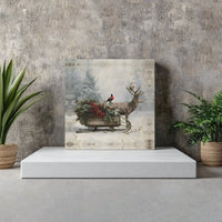 Rustic Christmas Sleigh Canvas, Winter Deer Square Canvas Wall Art, Bullfinch Berry Farmhouse Wall Art, Holiday Nature Canvas Print
