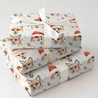 Adorable Woodland Animal Gift Wrap, Watercolor Fox Christmas Wrapping Paper, Santa Hat Winter Fox Wrapping Paper, Festive Holiday Gift Wrap Roll