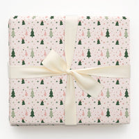 Whimsical Holiday Tree Gift Wrap, Pink and Green Christmas Wrapping Paper, Bows Stars Wrapping Paper, Pastel Xmas Gift Wrapping Paper