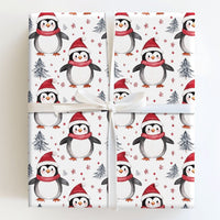 Santa Hat Holiday Gift Wrap, Watercolor Penguin Christmas Wrapping Paper, Winter Penguin Wrapping Paper, Snowy Tree Gift Wrap