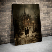 Snowy Christmas Night Wall Art, Gothic Victorian Mansion Poster, Moody Dark Academia Winter Landscape Print, Dark Decor, Digital Download