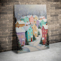 Snowy Pastel Town Winter Painting, Christmas Village Digital Canvas Print, Instant Download Vertical Wall Art, Holiday Home Decor