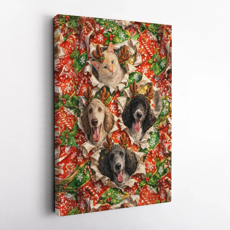 Cat and Poodles with Reindeer Antlers Poster, Christmas Pet Burst Canvas Wall Art, Humorous Dog Holiday Digital Download Print, Pet Lover Present