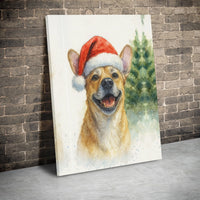 Festive Dog Holiday Poster, Watercolor Christmas Puppy in Santa Hat Wall Art, Adorable Winter Animal Pet Print, Digital Download Seasonal Decor