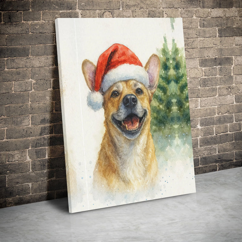 Festive Dog Holiday Poster, Watercolor Christmas Puppy in Santa Hat Wall Art, Adorable Winter Animal Pet Print, Digital Download Seasonal Decor
