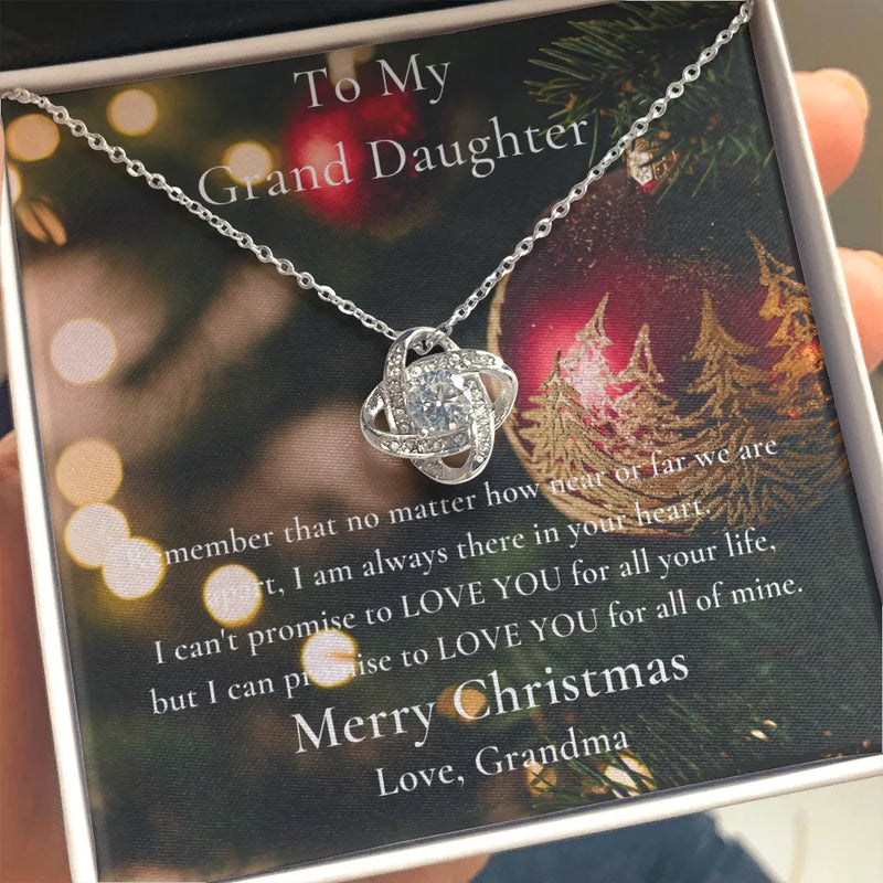 Christmas Knot Pendant Necklace, Love Knot Necklace for Granddaughter, 14k White Gold Finish Jewelry, Keepsake from Grandma Grandparents