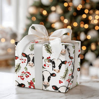 Rustic Farmhouse Holly Gift Wrap, Christmas Cow Wrapping Paper, Winter Cattle Holiday Wrapping Paper, Animal Lover Christmas Gift Wrap
