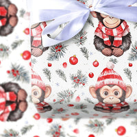 Watercolor Animal Holiday Gift Wrap, Adorable Christmas Monkey Wrapping Paper, Winter Hat Monkey Wrapping Paper, Festive Pine Berry Gift Wrap